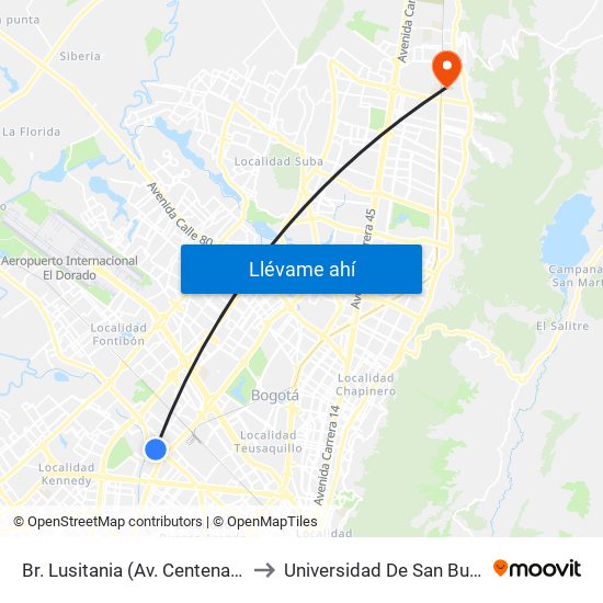 Br. Lusitania (Av. Centenario - Kr 68b) to Universidad De San Buenaventura map