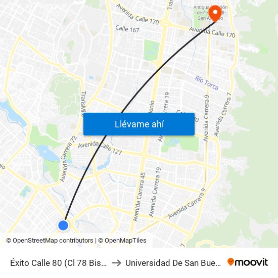 Éxito Calle 80 (Cl 78 Bis - Kr 68b) to Universidad De San Buenaventura map