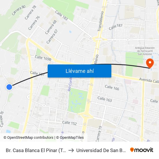 Br. Casa Blanca El Pinar (Tv 77 - Cl 160) to Universidad De San Buenaventura map