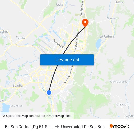 Br. San Carlos (Dg 51 Sur - Kr 18c) to Universidad De San Buenaventura map