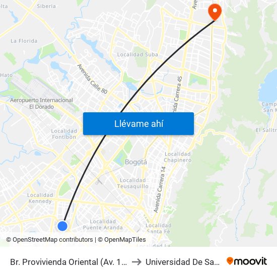 Br. Provivienda Oriental (Av. 1 De Mayo - Kr 68h) (A) to Universidad De San Buenaventura map