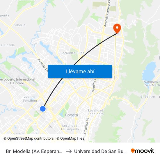 Br. Modelia (Av. Esperanza - Kr 72b) to Universidad De San Buenaventura map