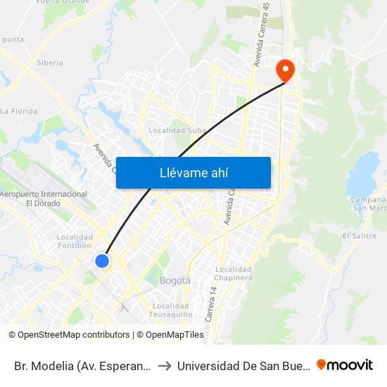 Br. Modelia (Av. Esperanza - Kr 74) to Universidad De San Buenaventura map