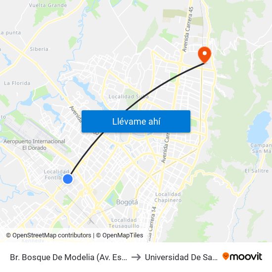 Br. Bosque De Modelia (Av. Esperanza - Av. C. De Cali) to Universidad De San Buenaventura map