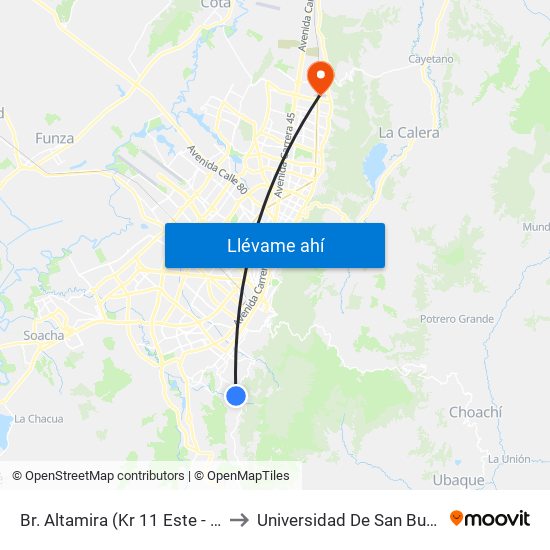 Br. Altamira (Kr 11 Este - Cl 42b Sur) to Universidad De San Buenaventura map