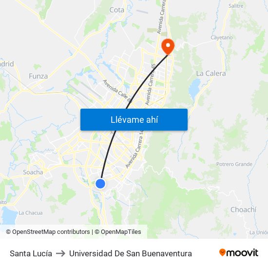 Santa Lucía to Universidad De San Buenaventura map