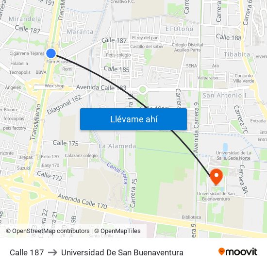 Calle 187 to Universidad De San Buenaventura map