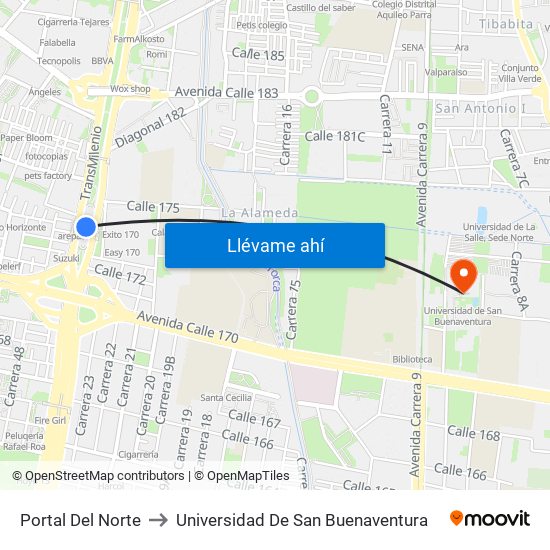 Portal Del Norte to Universidad De San Buenaventura map