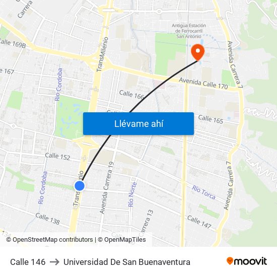 Calle 146 to Universidad De San Buenaventura map