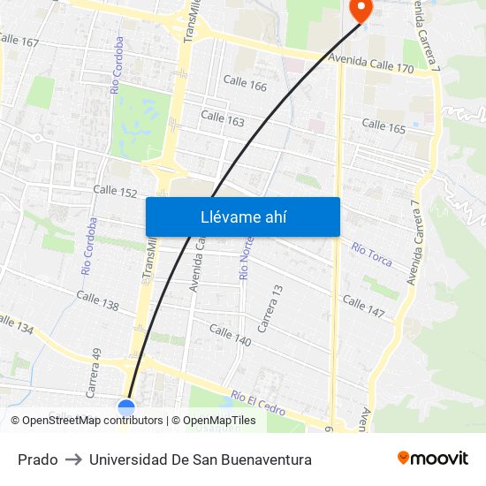 Prado to Universidad De San Buenaventura map