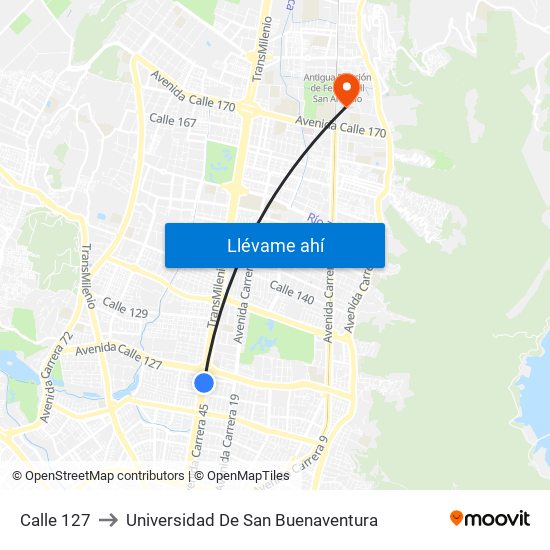 Calle 127 to Universidad De San Buenaventura map