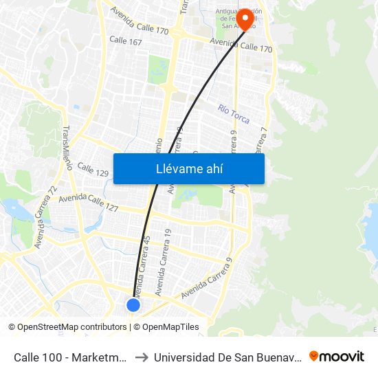 Calle 100 - Marketmedios to Universidad De San Buenaventura map