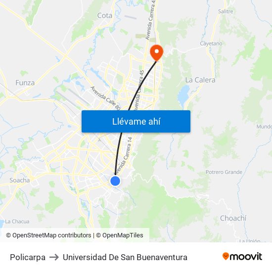 Policarpa to Universidad De San Buenaventura map