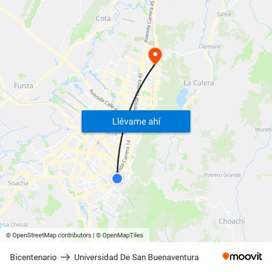 Bicentenario to Universidad De San Buenaventura map