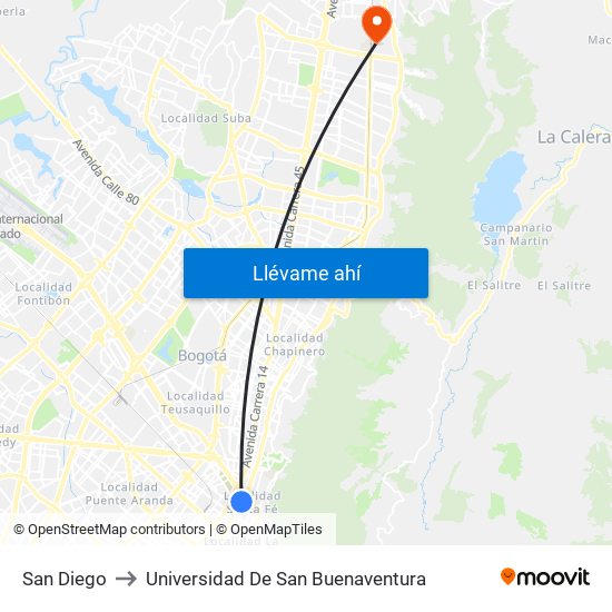 San Diego to Universidad De San Buenaventura map