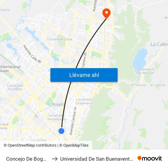 Concejo De Bogotá to Universidad De San Buenaventura map
