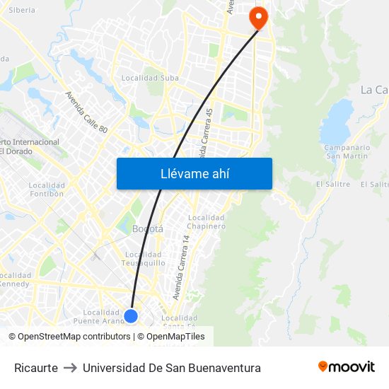 Ricaurte to Universidad De San Buenaventura map