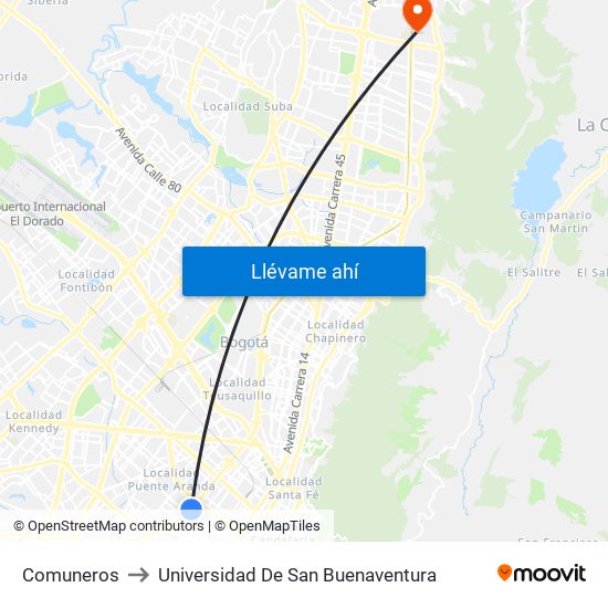 Comuneros to Universidad De San Buenaventura map