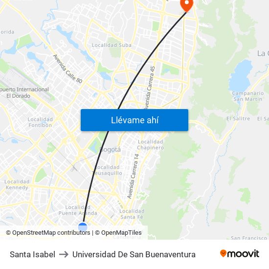 Santa Isabel to Universidad De San Buenaventura map