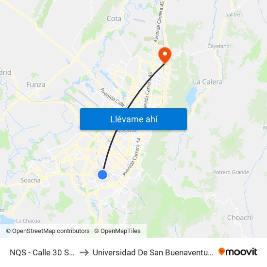 NQS - Calle 30 Sur to Universidad De San Buenaventura map