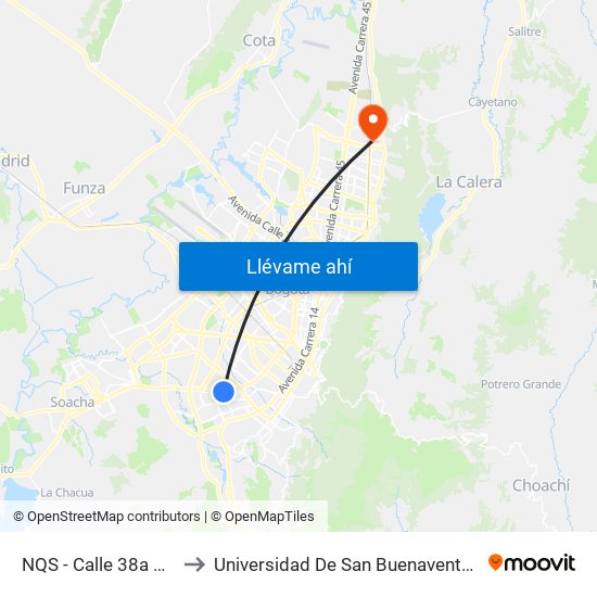 NQS - Calle 38a Sur to Universidad De San Buenaventura map