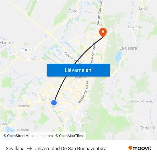 Sevillana to Universidad De San Buenaventura map