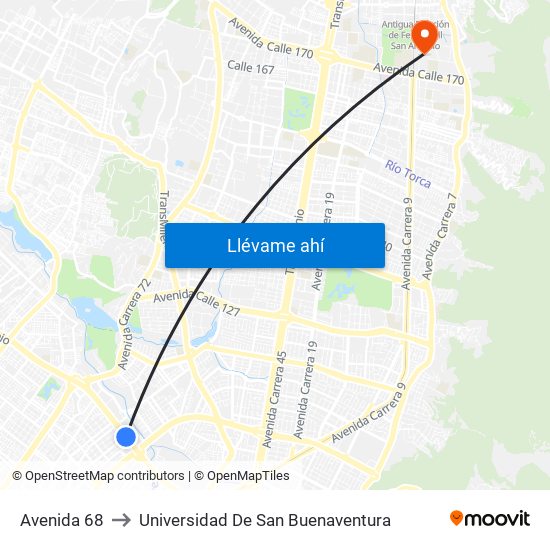 Avenida 68 to Universidad De San Buenaventura map