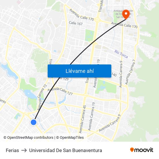 Ferias to Universidad De San Buenaventura map