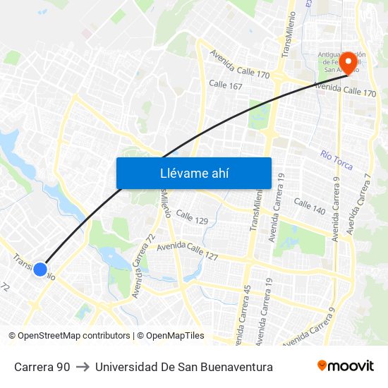 Carrera 90 to Universidad De San Buenaventura map