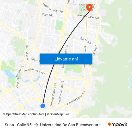 Suba - Calle 95 to Universidad De San Buenaventura map
