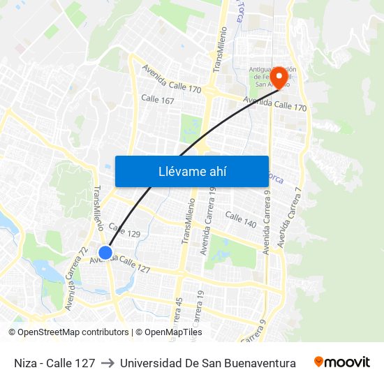 Niza - Calle 127 to Universidad De San Buenaventura map
