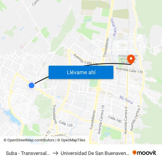 Suba - Transversal 91 to Universidad De San Buenaventura map