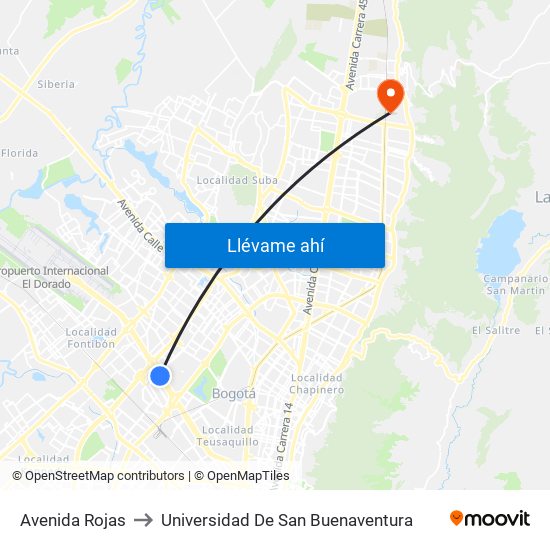 Avenida Rojas to Universidad De San Buenaventura map