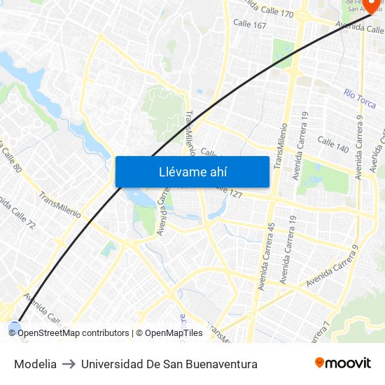 Modelia to Universidad De San Buenaventura map