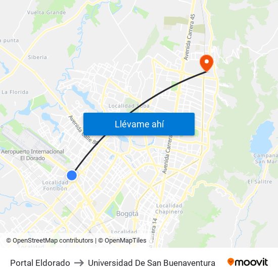 Portal Eldorado to Universidad De San Buenaventura map
