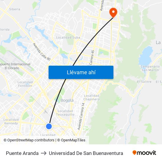 Puente Aranda to Universidad De San Buenaventura map
