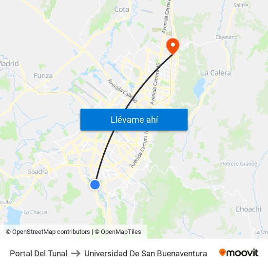 Portal Del Tunal to Universidad De San Buenaventura map