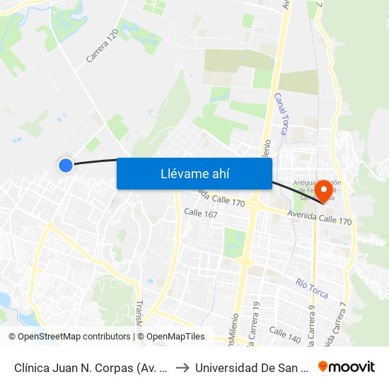 Clínica Juan N. Corpas (Av. Corpas - Cl 159a) to Universidad De San Buenaventura map