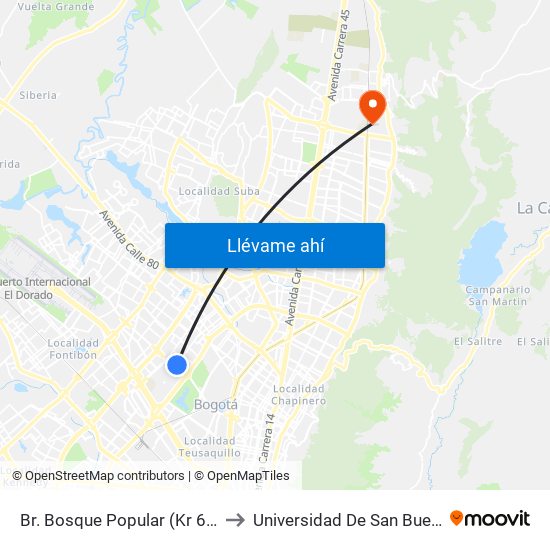 Br. Bosque Popular (Kr 69 - Cl 63a) to Universidad De San Buenaventura map