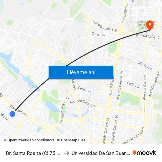 Br. Santa Rosita (Cl 75 - Kr 93a) to Universidad De San Buenaventura map