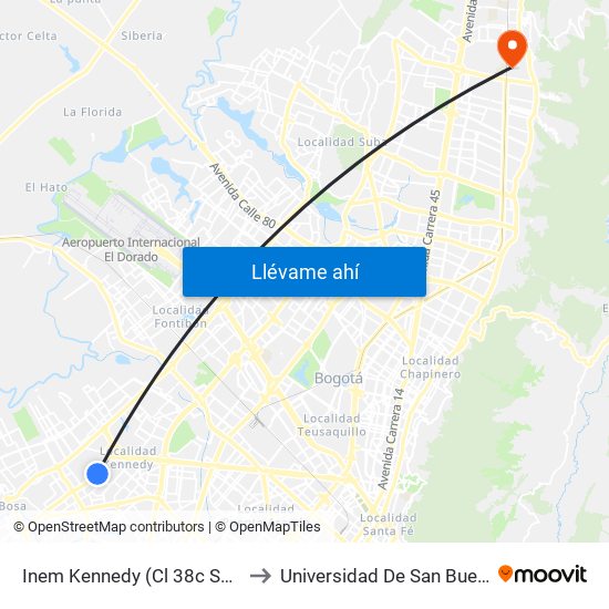 Inem Kennedy (Cl 38c Sur - Kr 79g) to Universidad De San Buenaventura map