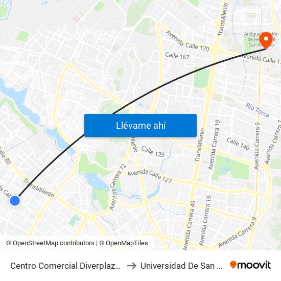 Centro Comercial Diverplaza (Kr 96 - Cl 71c) to Universidad De San Buenaventura map