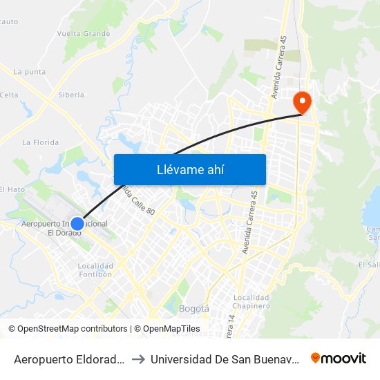 Aeropuerto Eldorado (F) to Universidad De San Buenaventura map