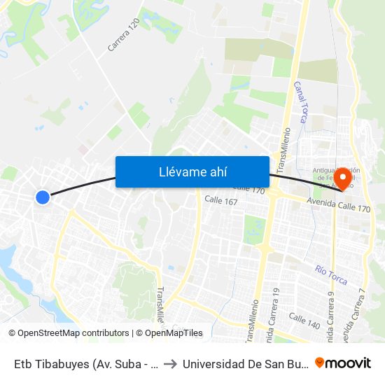 Etb Tibabuyes (Av. Suba - Kr 114c) (C) to Universidad De San Buenaventura map