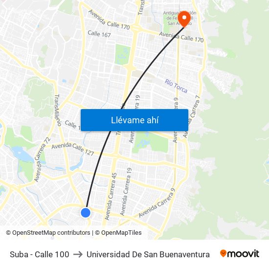 Suba - Calle 100 to Universidad De San Buenaventura map