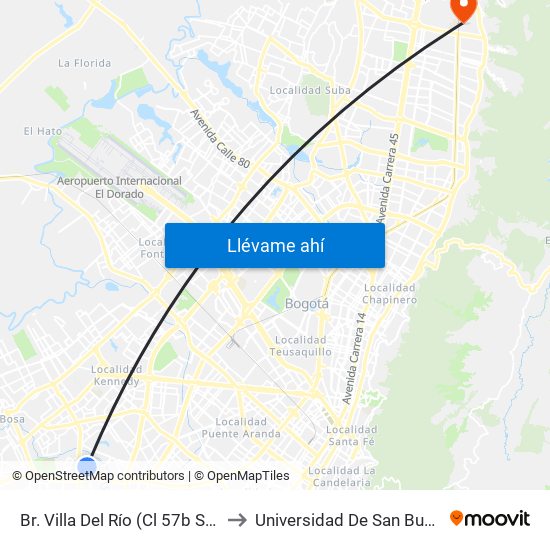 Br. Villa Del Río (Cl 57b Sur - Kr 68a) to Universidad De San Buenaventura map