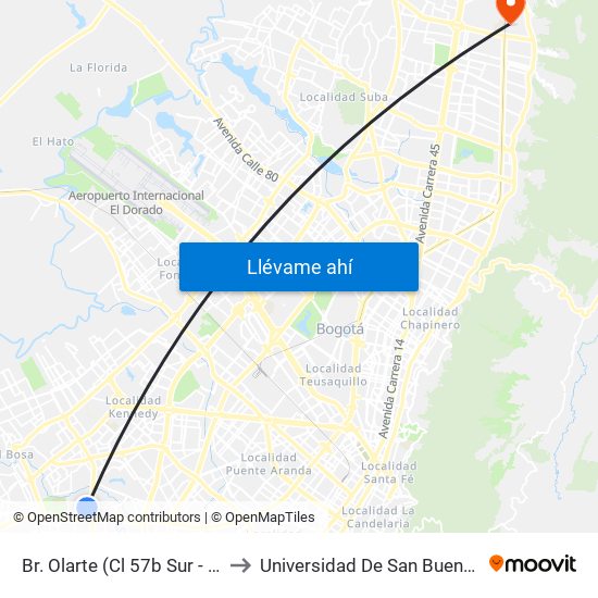 Br. Olarte (Cl 57b Sur - Kr 71d) to Universidad De San Buenaventura map
