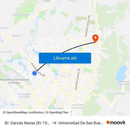 Br. Garcés Navas (Kr 104 - Cl 73) to Universidad De San Buenaventura map