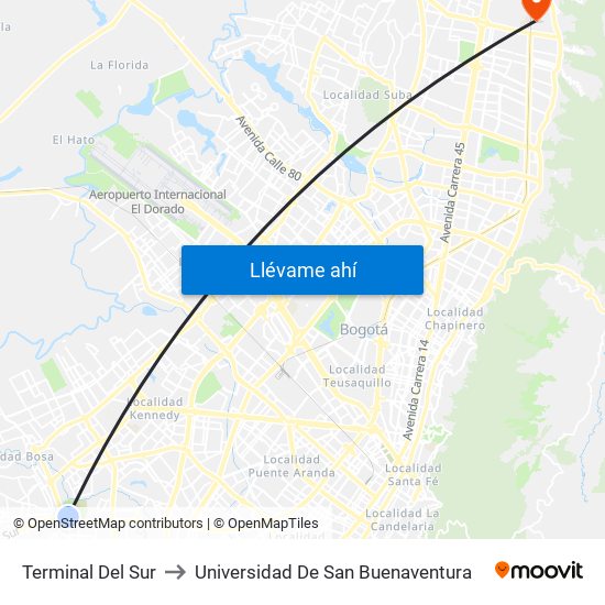 Terminal Del Sur to Universidad De San Buenaventura map