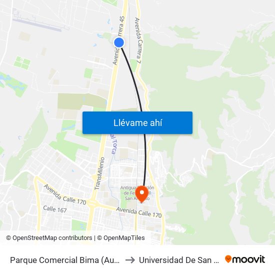 Parque Comercial Bima (Auto Norte - Ac 235) to Universidad De San Buenaventura map